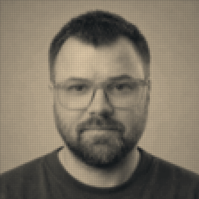 Portrait of Andrejs Eisaks in a grid of amber squares